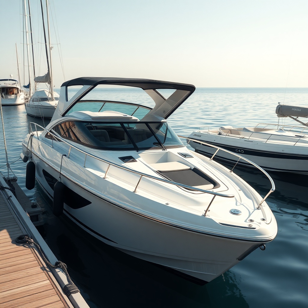 A photorealistic image showing a modern motorboat docked at a sunny marina