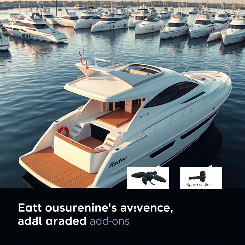 A crisp photorealistic photo of a sleek motor yacht in a harbor with a detailed overview o