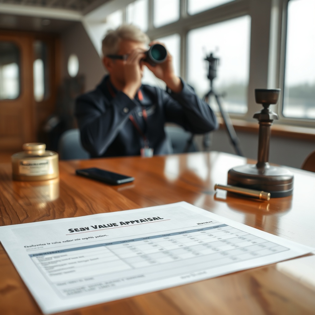 A photorealistic close-up of a seaworthy yacht value appraisal report on a polished wooden