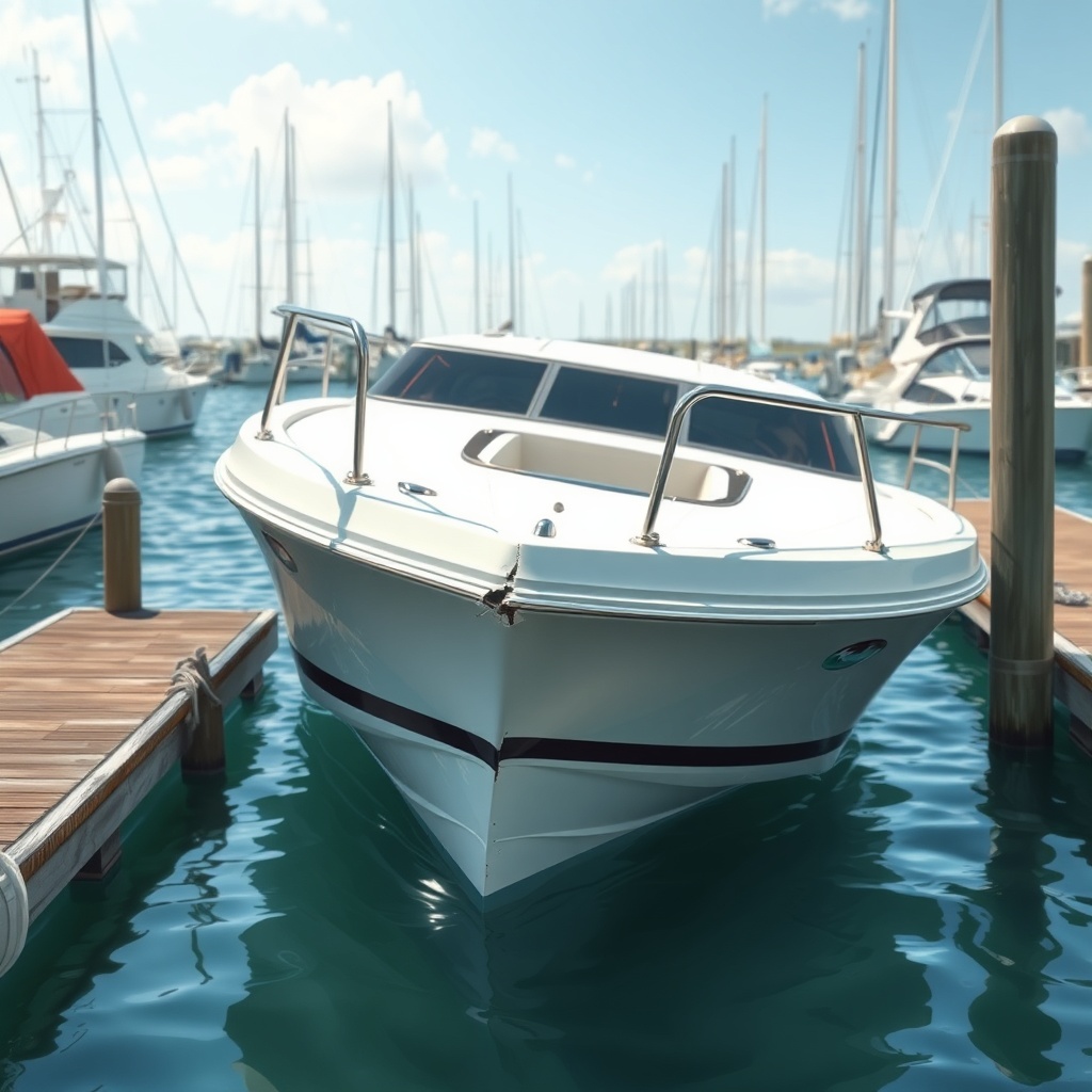 A photorealistic illustration of a motorboat with a damaged bow after a collision with a d