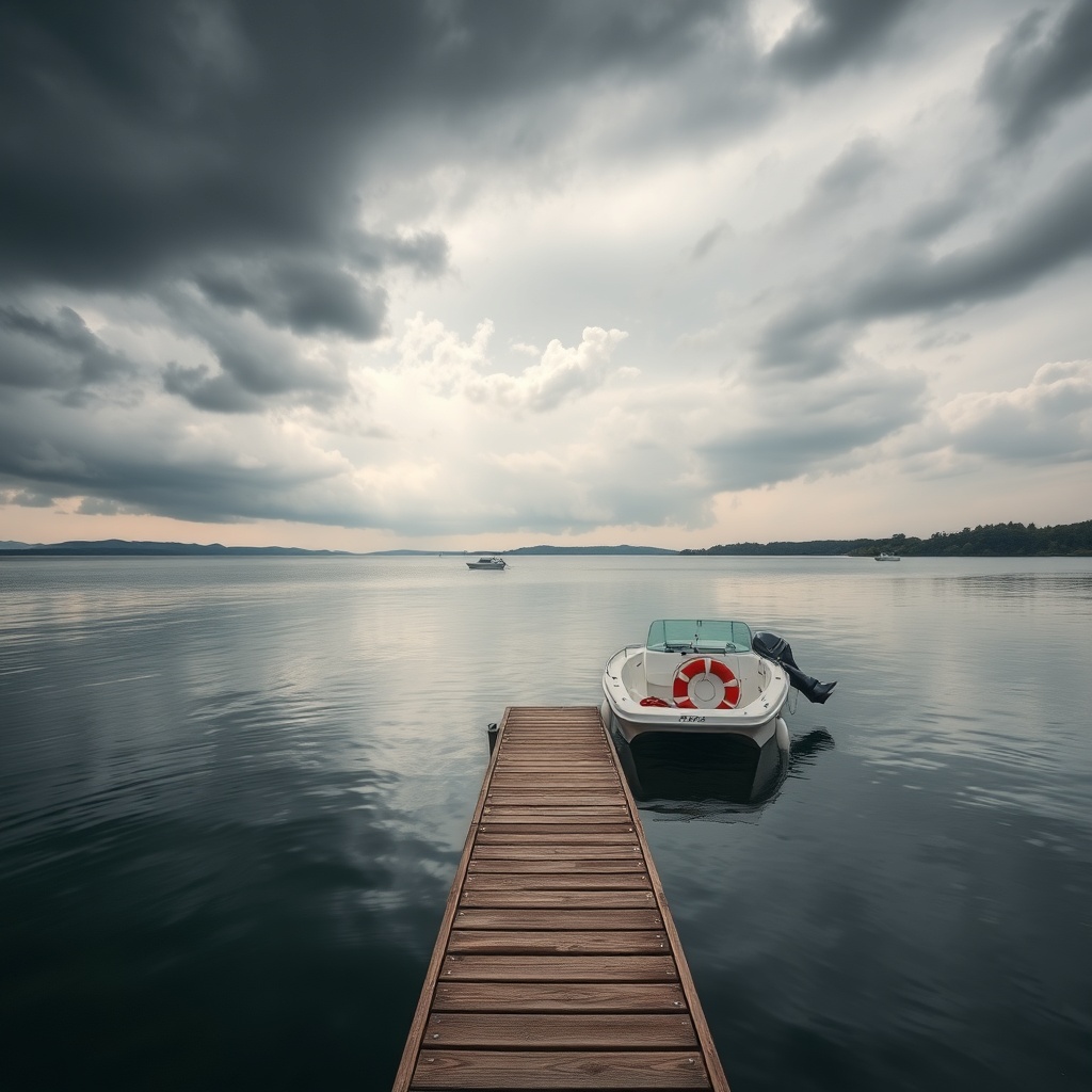 A photorealistic photo of a small motorboat moored at a wooden pier on a calm lake
