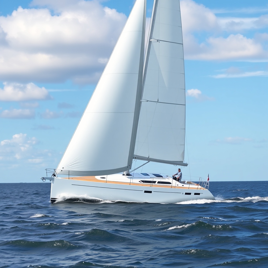 A photorealistic photo of a white sailing yacht with its mainsail fully set