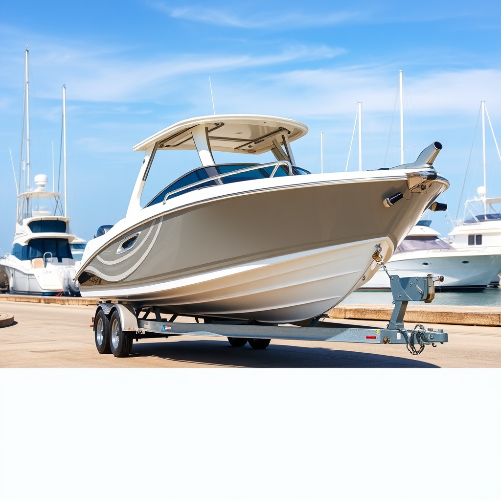 A photo of a modern motorboat being towed on a trailer through a marina