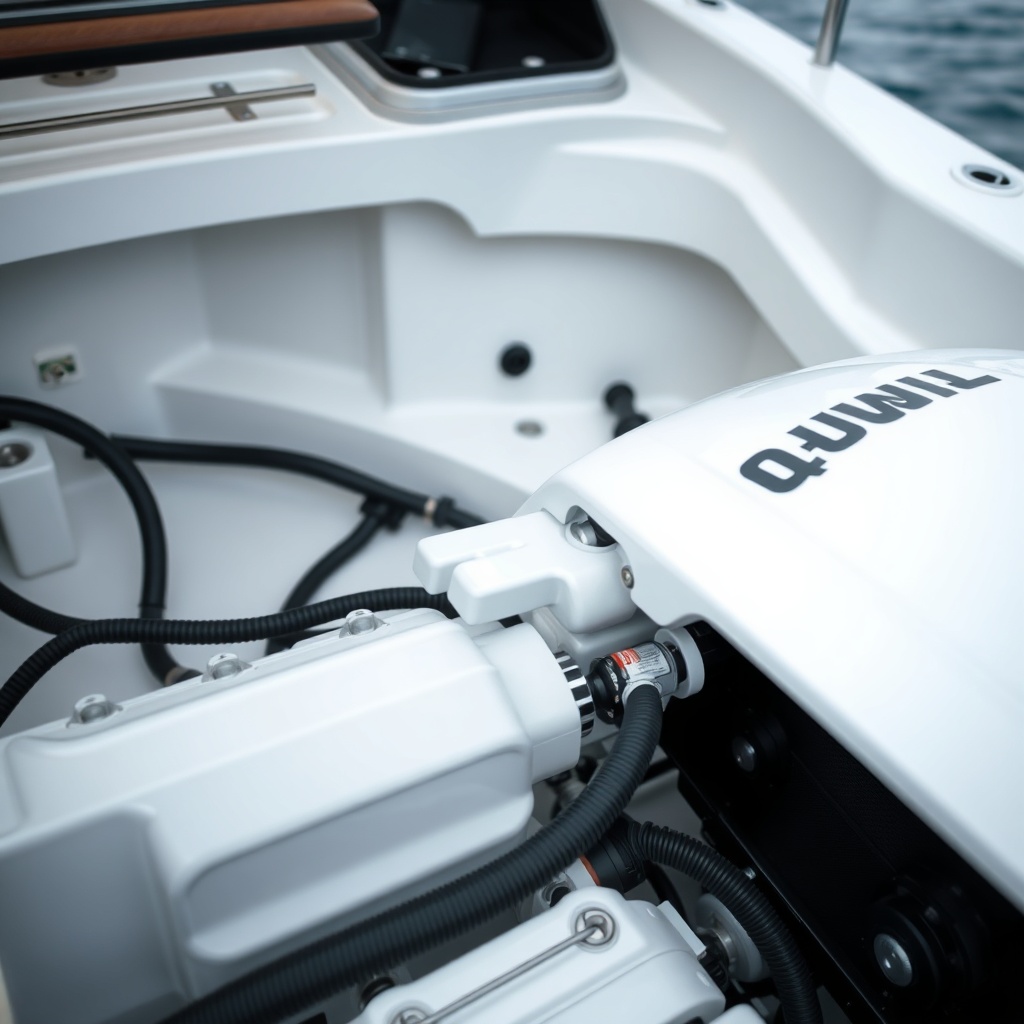 Close-up of a motorboat's engine bay with a modern outboard motor