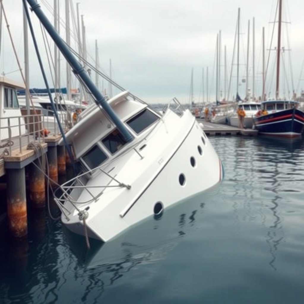 Photorealistic image of a boat partially submerged in a marina with salvage crew working