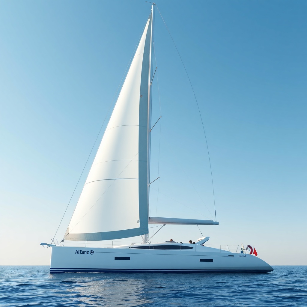 A photorealistic image of a modern sailing yacht with its sails up