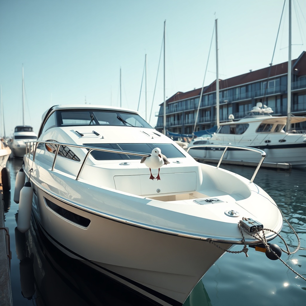 A modern white motorboat moored at a clean German marina with a seagull perched on the bow