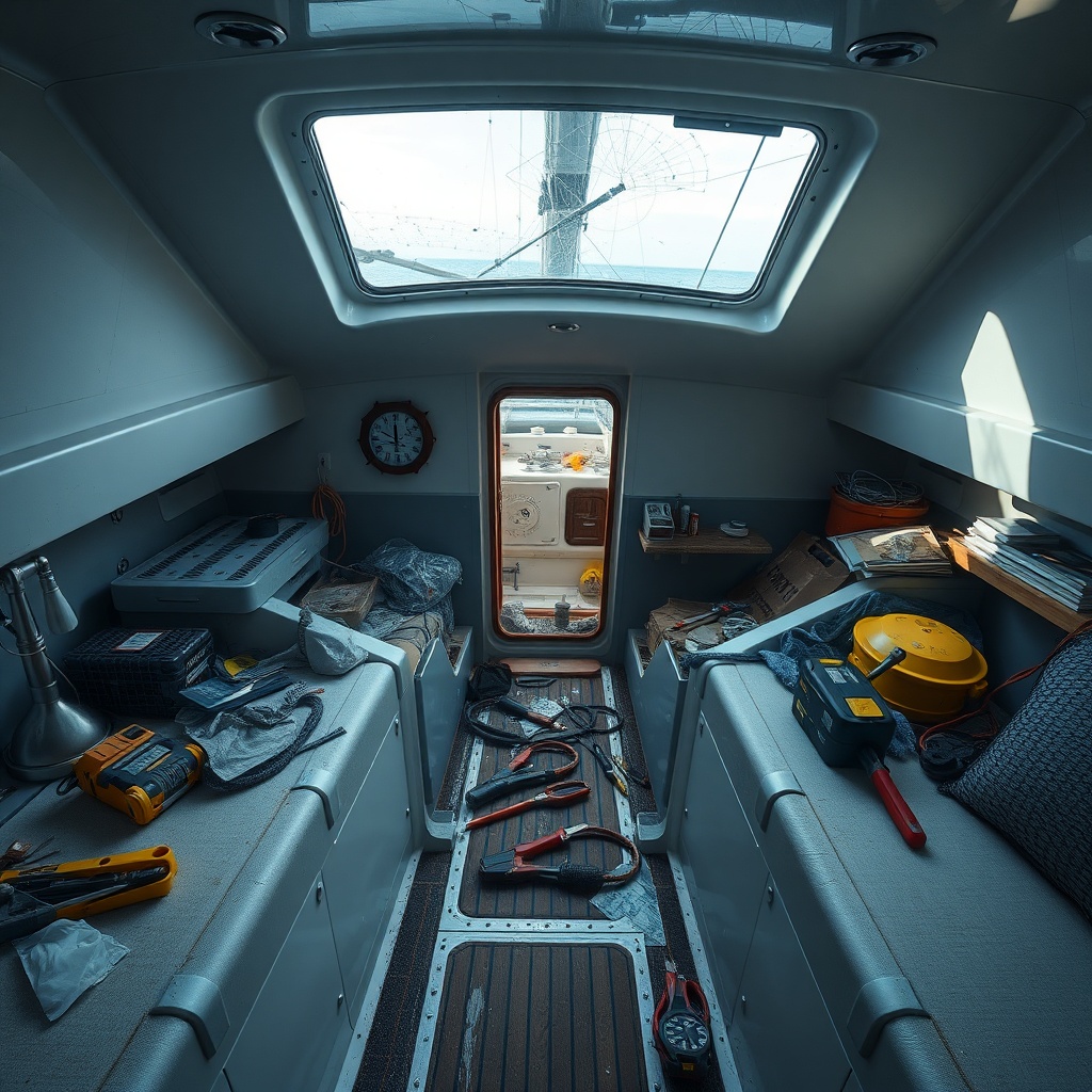 A messy yacht cabin with scattered tools and a cracked windshield