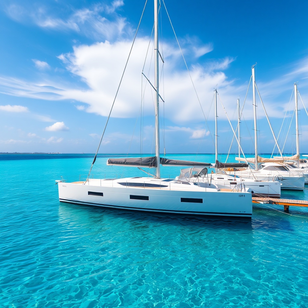 A photorealistic image of a sleek sailing yacht moored in a Mediterranean marina