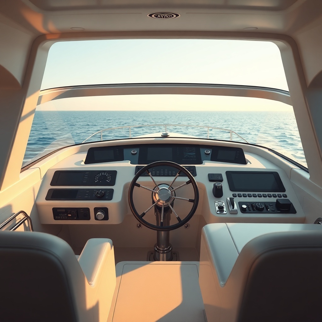 A photorealistic interior shot of a modern yacht cockpit with a captain's helm