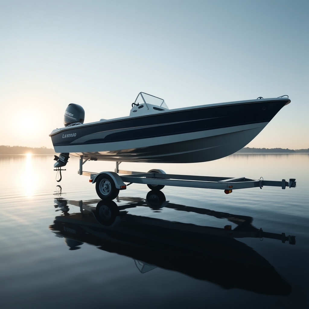 A clean photorealistic photo of a medium-sized motorboat resting on a trailer beside a cal