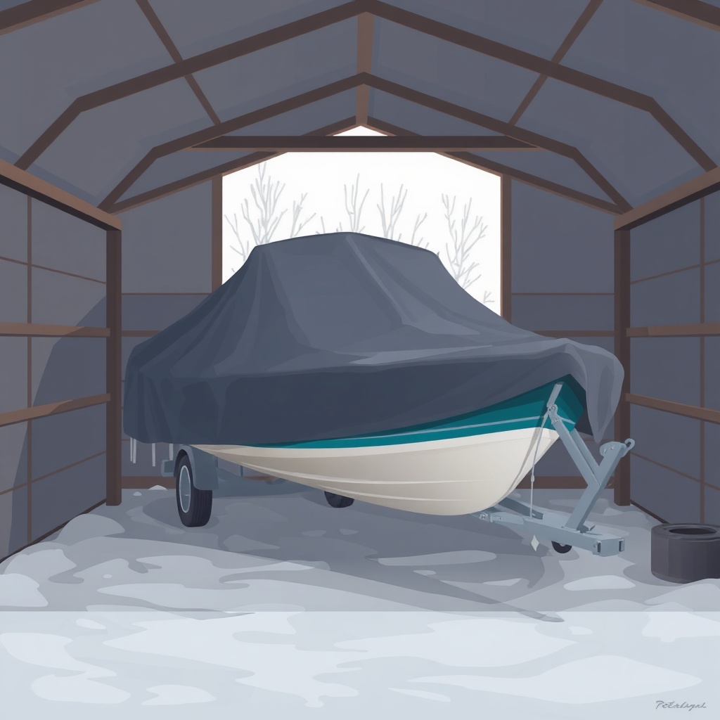 A photorealistic illustration of a boat covered with a winter tarp in a dry storage shed