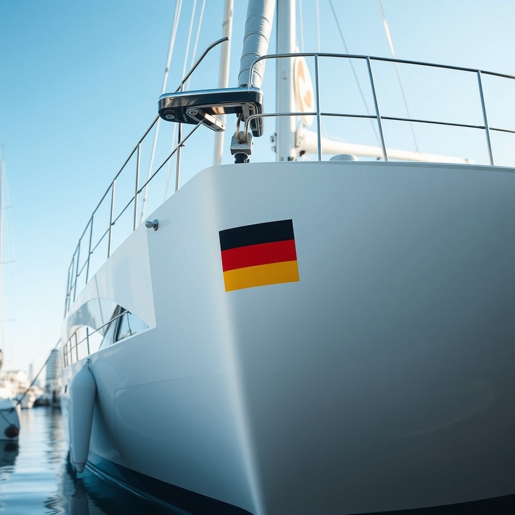 close-up of the bow of a modern sailing yacht with a white hull and a German flag decal