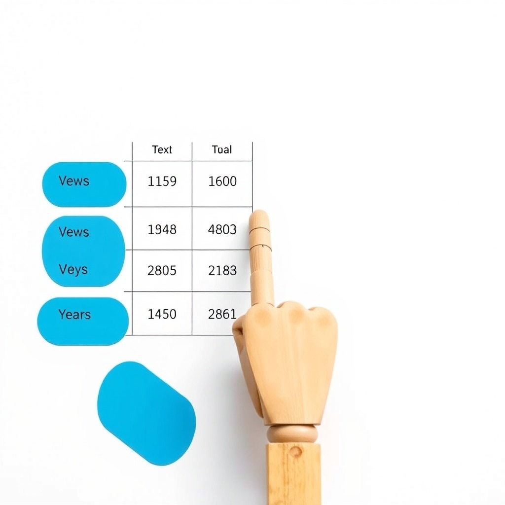 a clean minimalist infographic style shot of a wooden hand pointing at a table of numbers