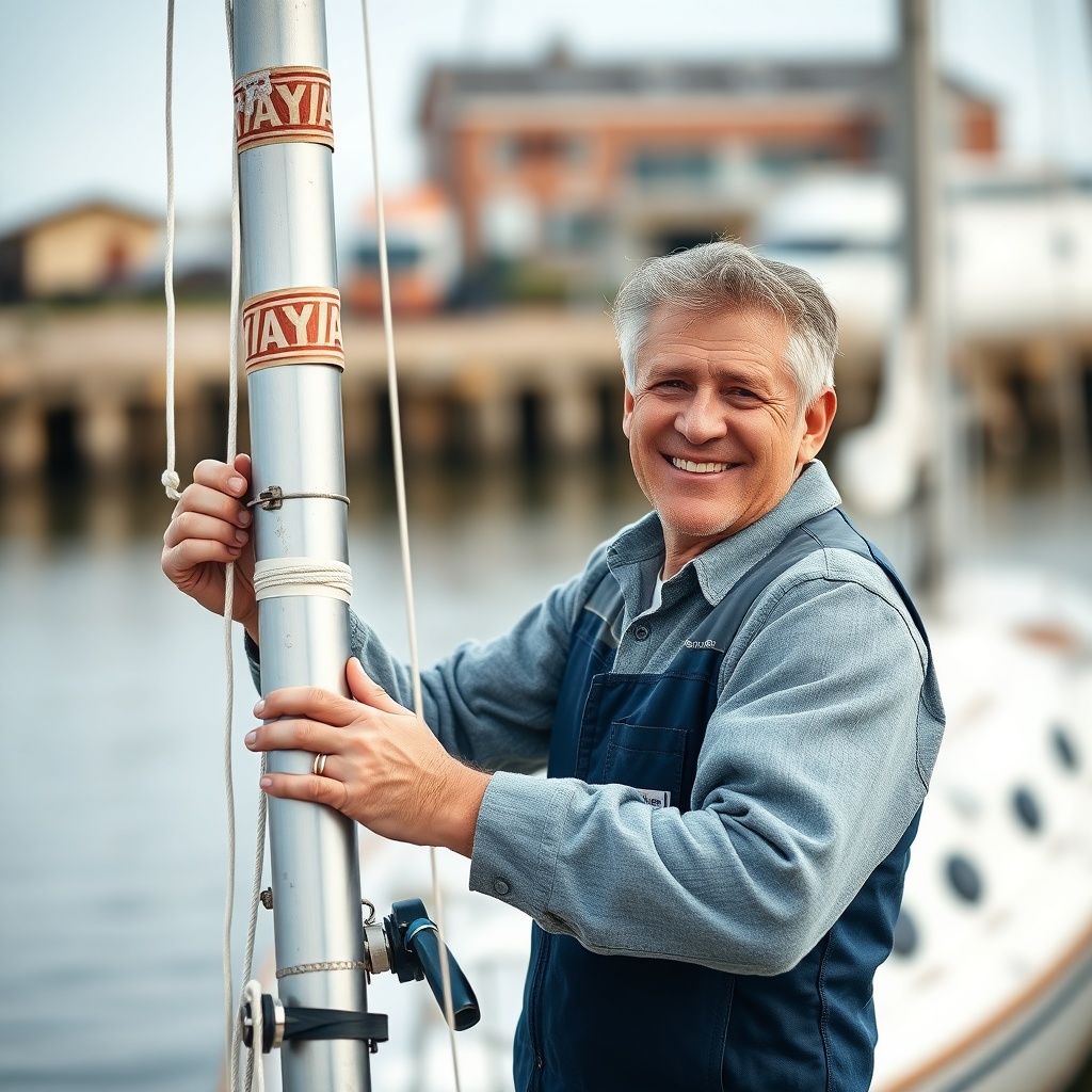 A photorealistic image of a German boat owner smiling while holding a repaired sailboat ma