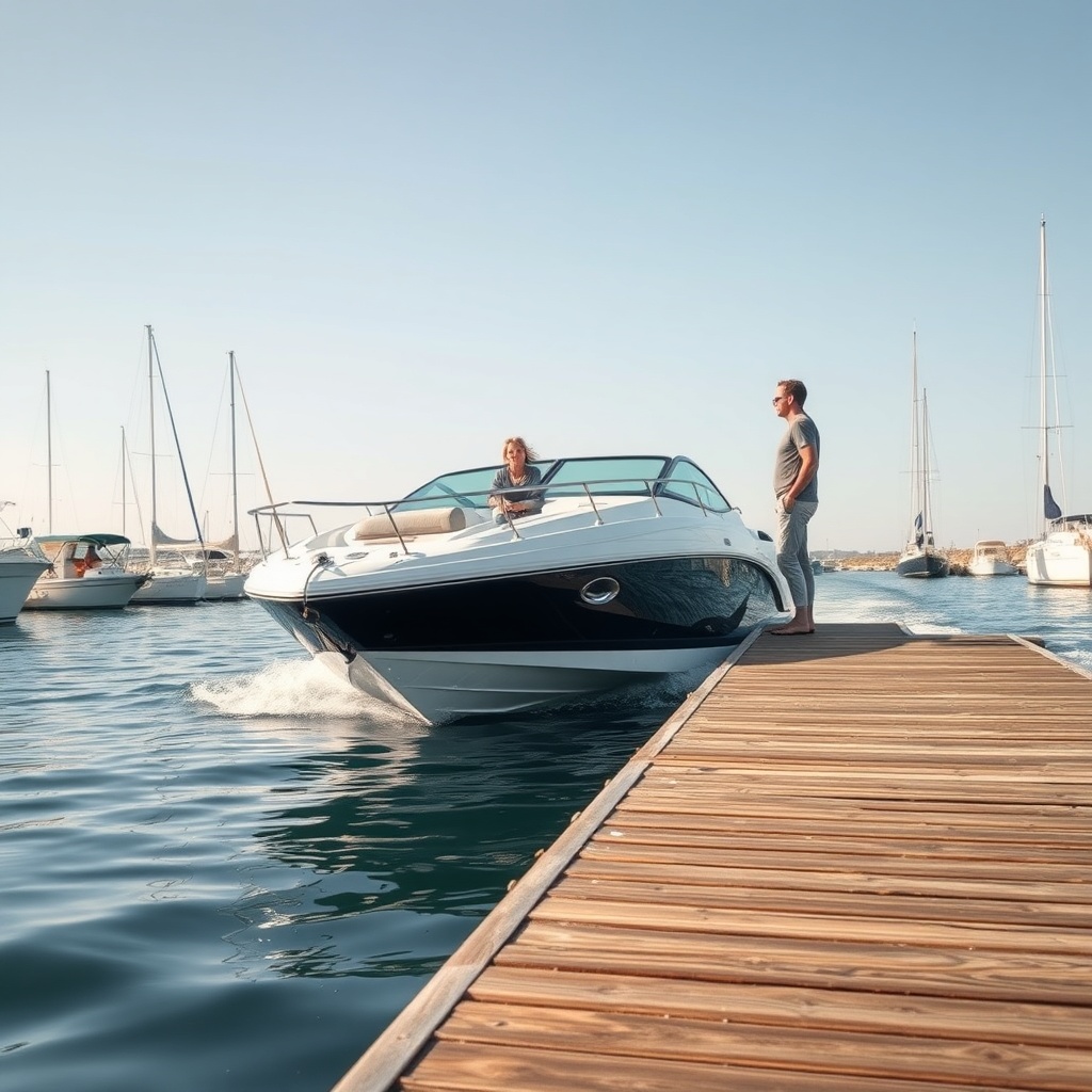 A photorealistic photo of a modern motorboat gently bumping into a wooden pier at a marina
