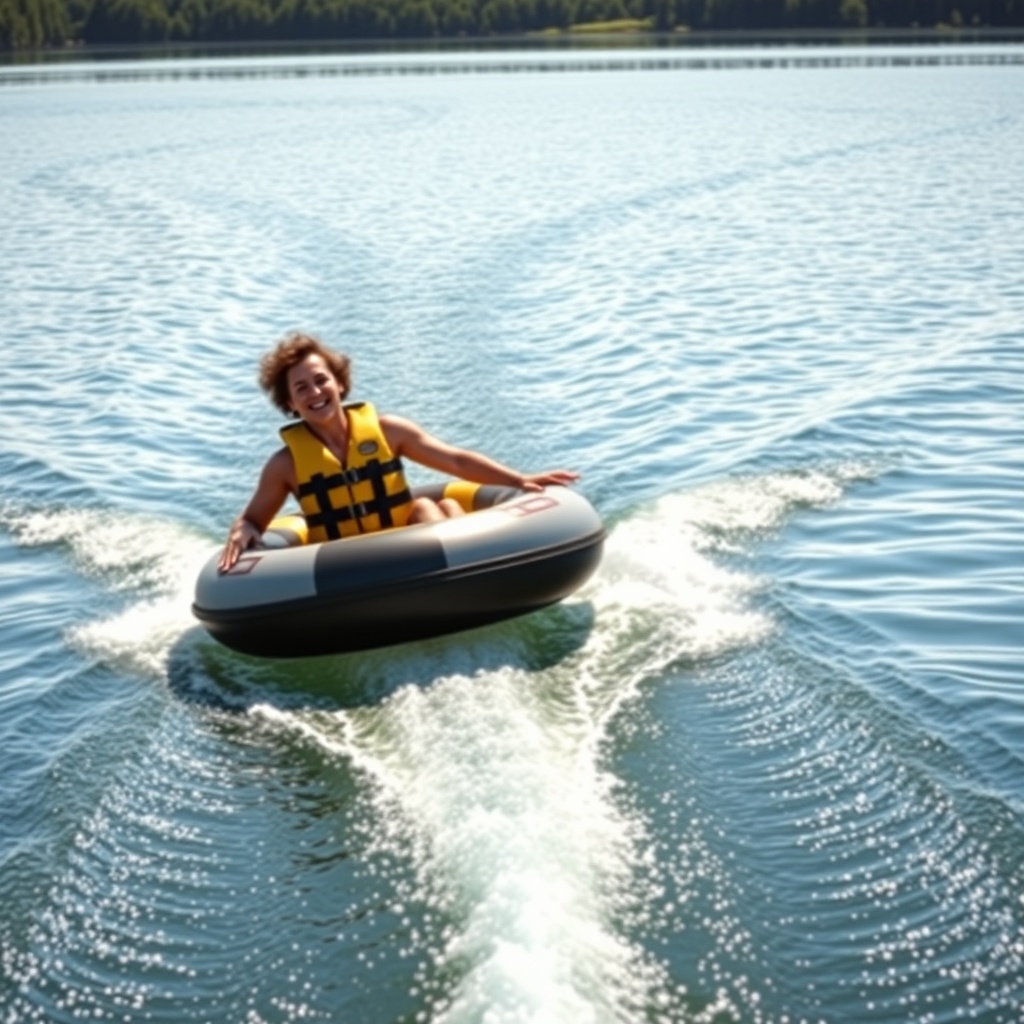 A photorealistic photo of a boat towing a person on a tube behind it on a lake