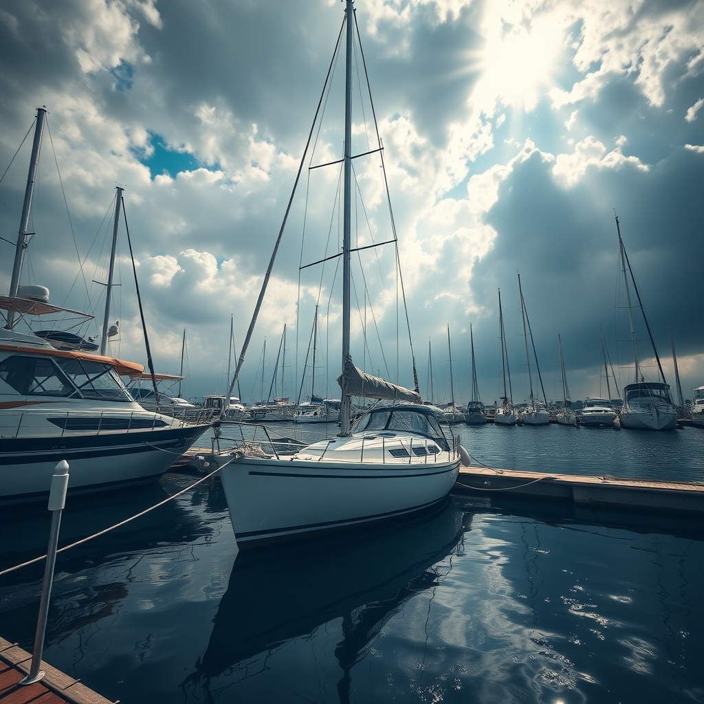 A photorealistic wide-angle shot of a small sailing boat moored in a marina after a storm
