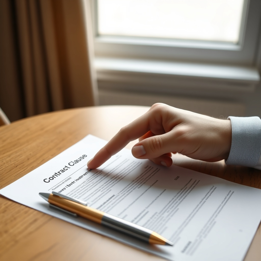 A photorealistic top-down shot of a hand pointing to a contract clause on a table