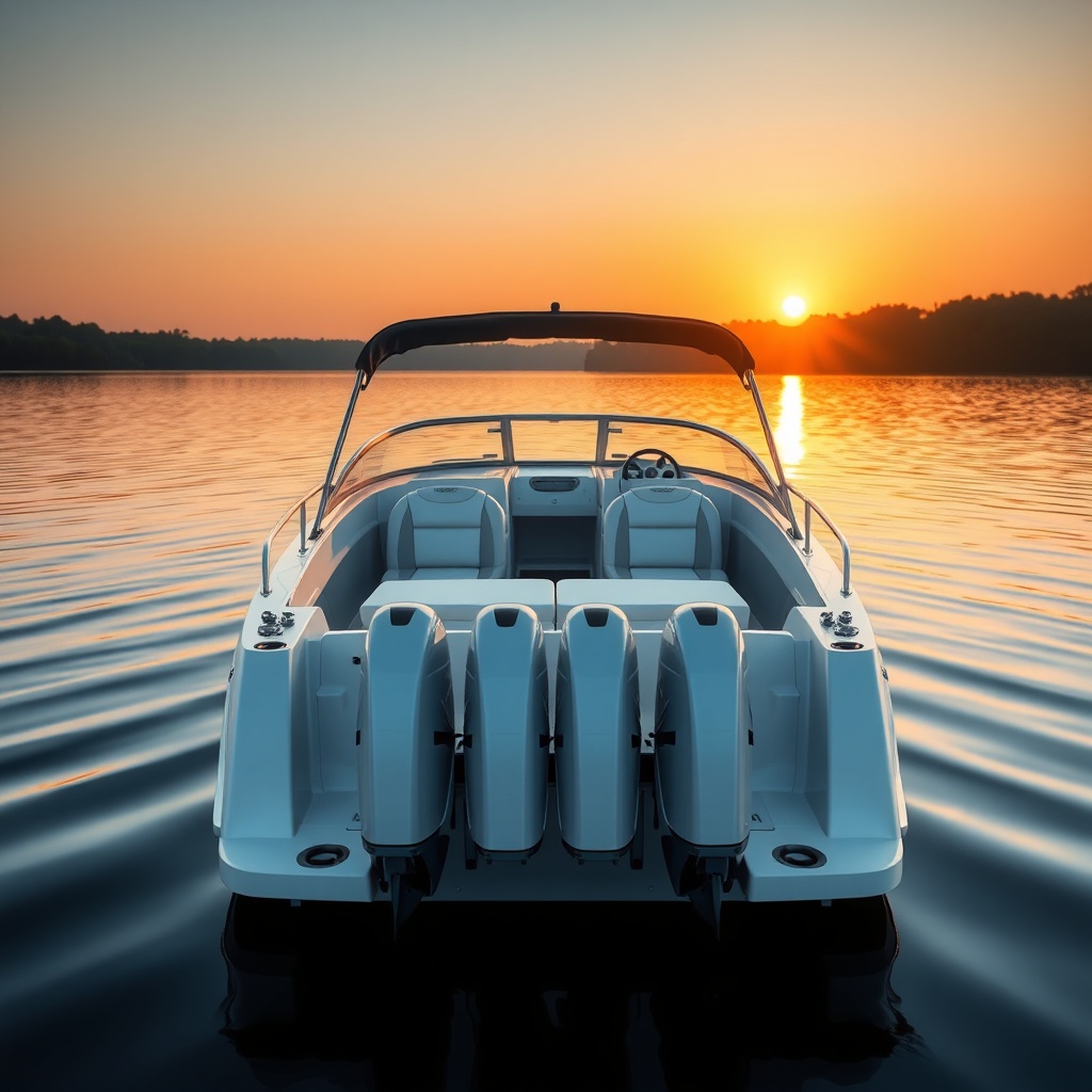 A modern motorboat with a twin outboard engine on a lake at sunset
