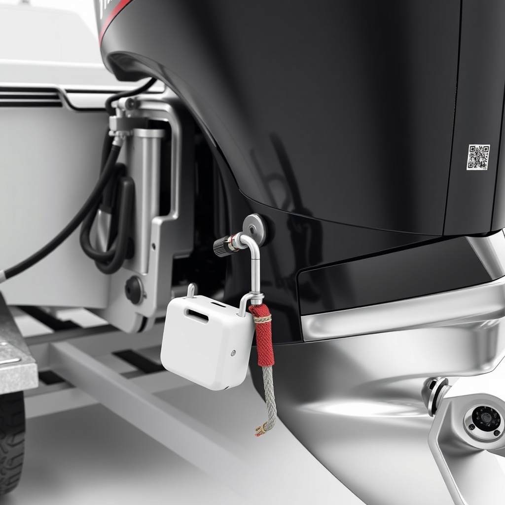 A close-up of a modern outboard engine on a boat trailer