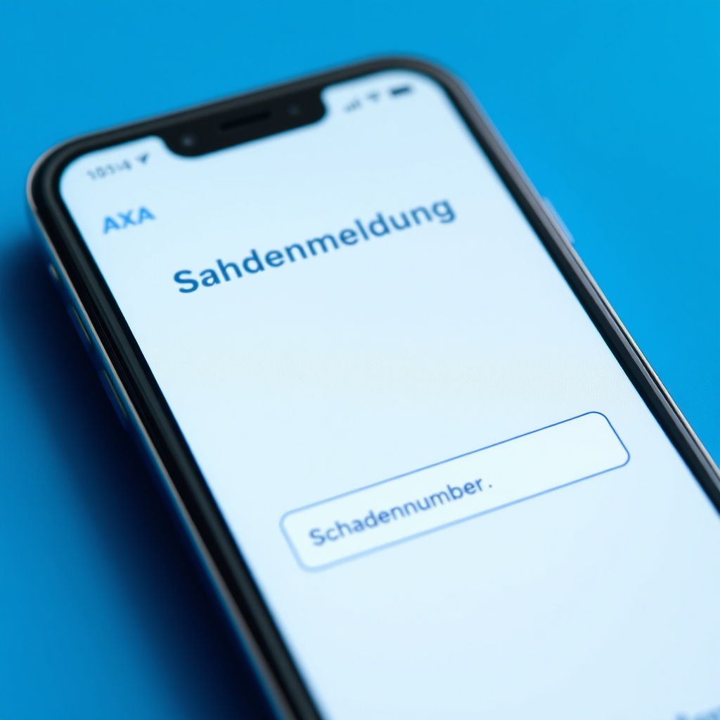 A clean photorealistic photo of a smartphone screen showing the AXA Schadenmeldung online