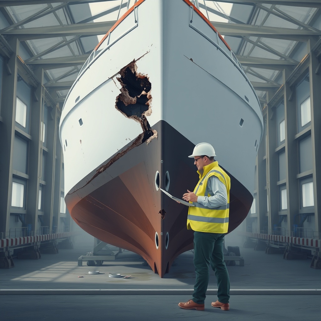 A photorealistic illustration of a damaged boat hull in a dry dock