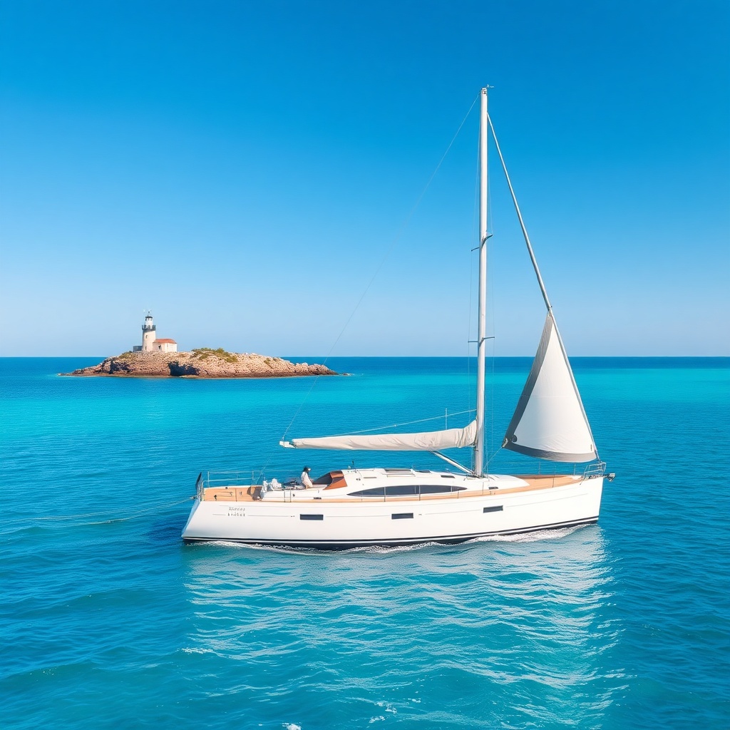 A sleek white sailing yacht gliding across calm turquoise water under a bright blue sky