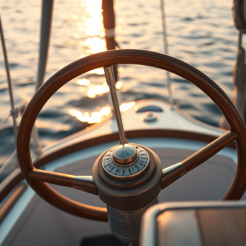 A close-up view of the cockpit of a sailboat with wooden helm and brass compass