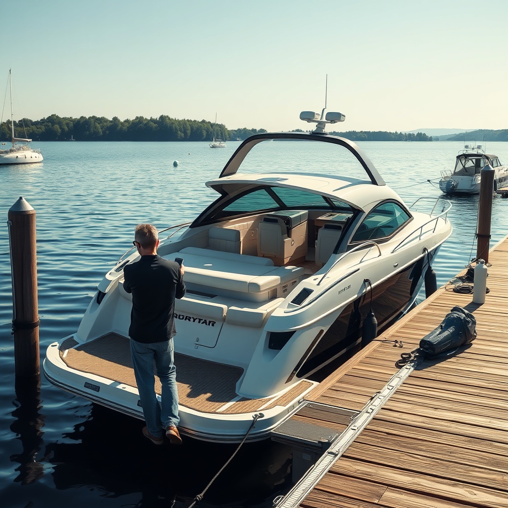 A clean photorealistic photo of a modern motorboat moored at a sunny German lake dock