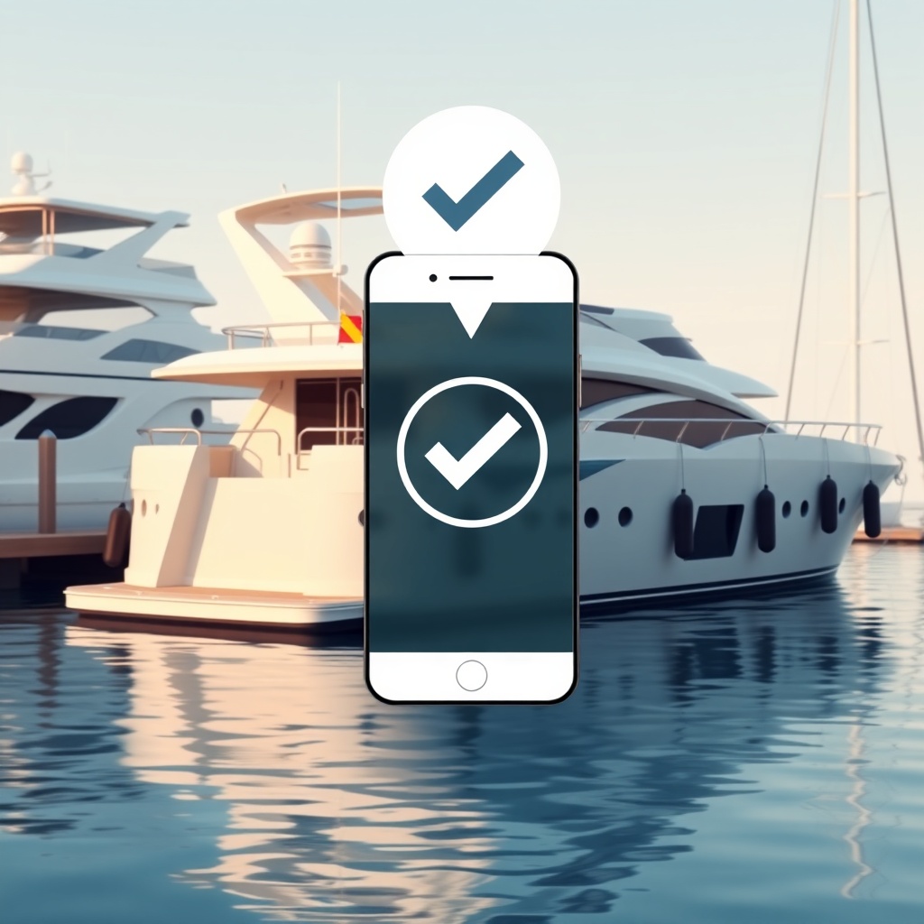 A photorealistic illustration of a yacht moored in a harbor