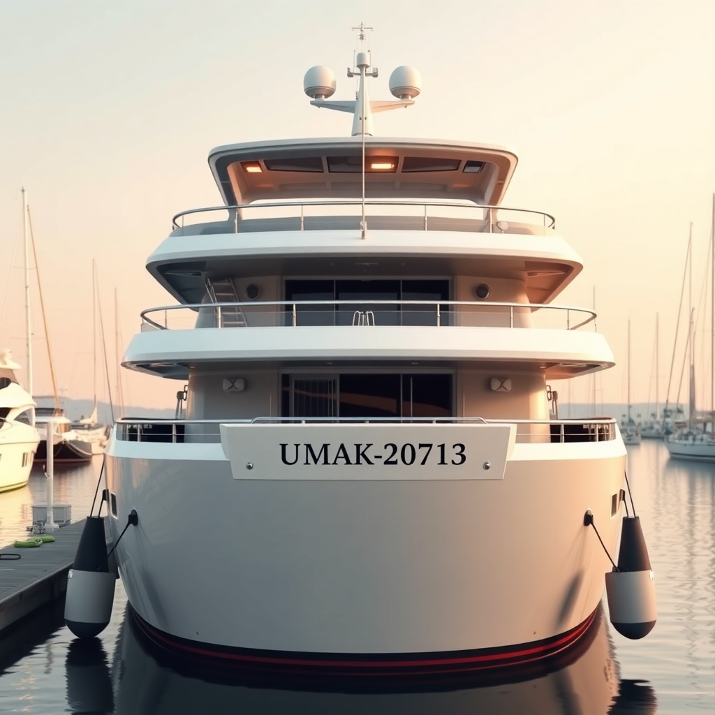 A photorealistic shot of a large luxury yacht docked at a modern marina with a clean sky