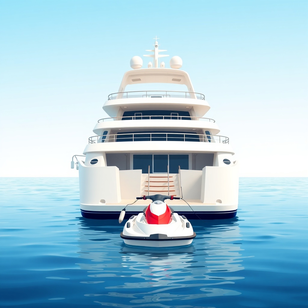 A clean illustration of a large yacht with a small dinghy and a jet ski attached to the st