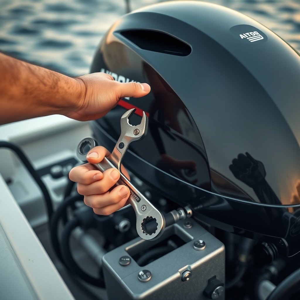 A close-up photorealistic image of an outboard motor on a boat