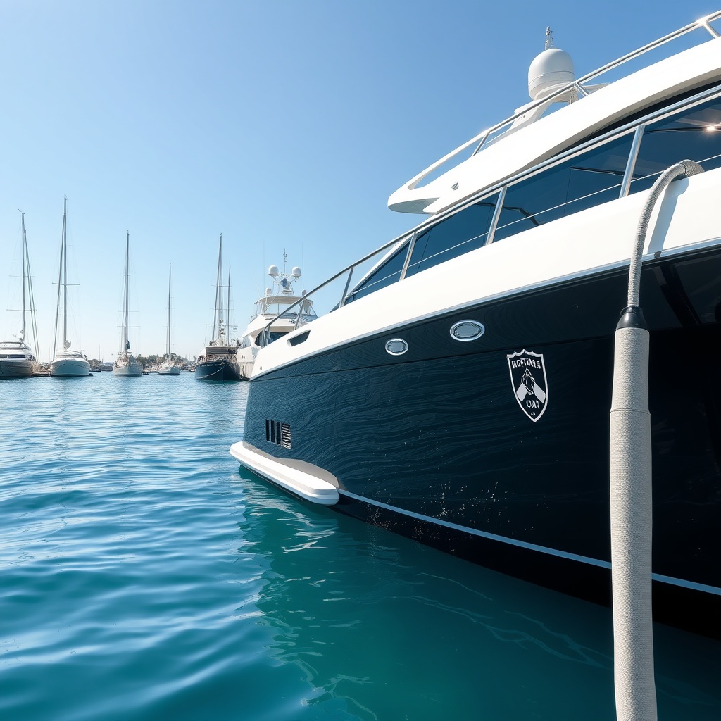 A clean photorealistic photo of a modern motor yacht moored at a sunny German marina with