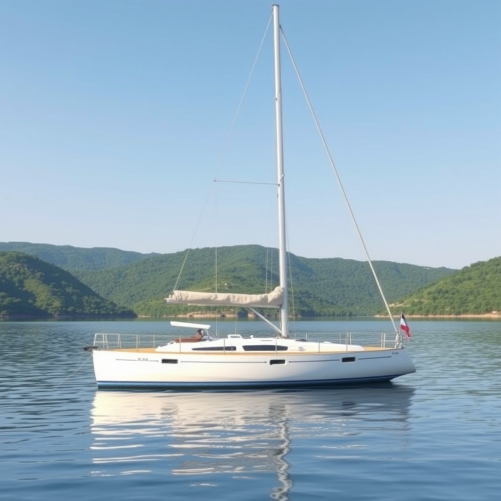 A photorealistic photo of a well-maintained sailing yacht with white hull on a calm lake