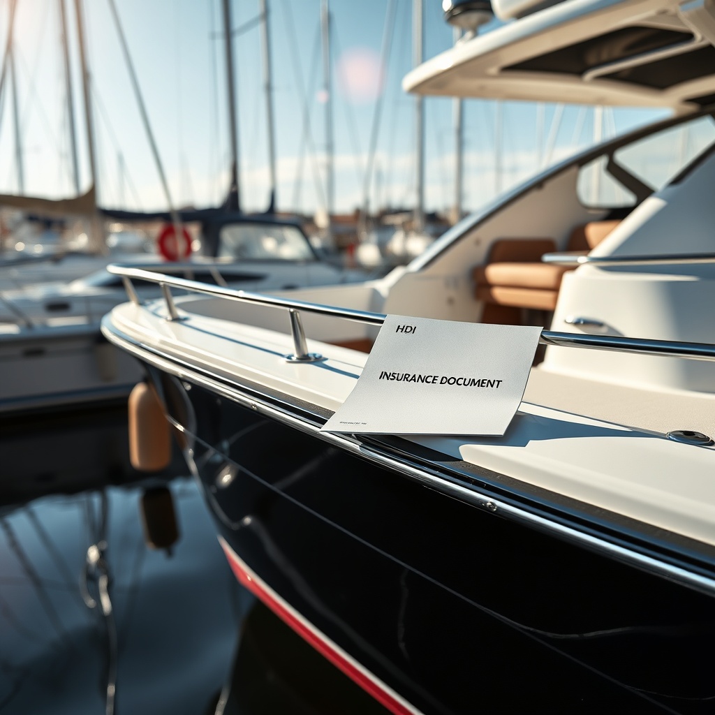 A clean photorealistic photo of a modern motorboat docked at a sunny German marina