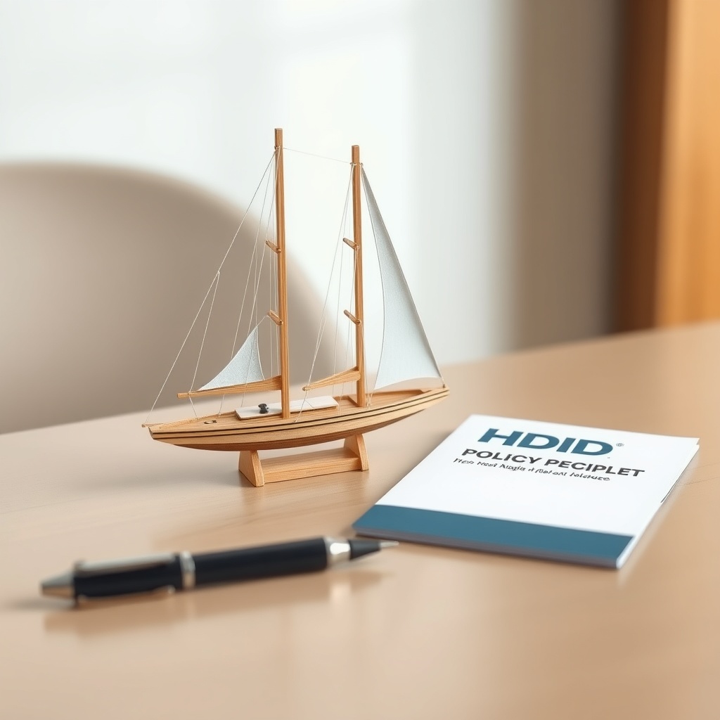 A photorealistic illustration of a simple wooden yacht model on a table