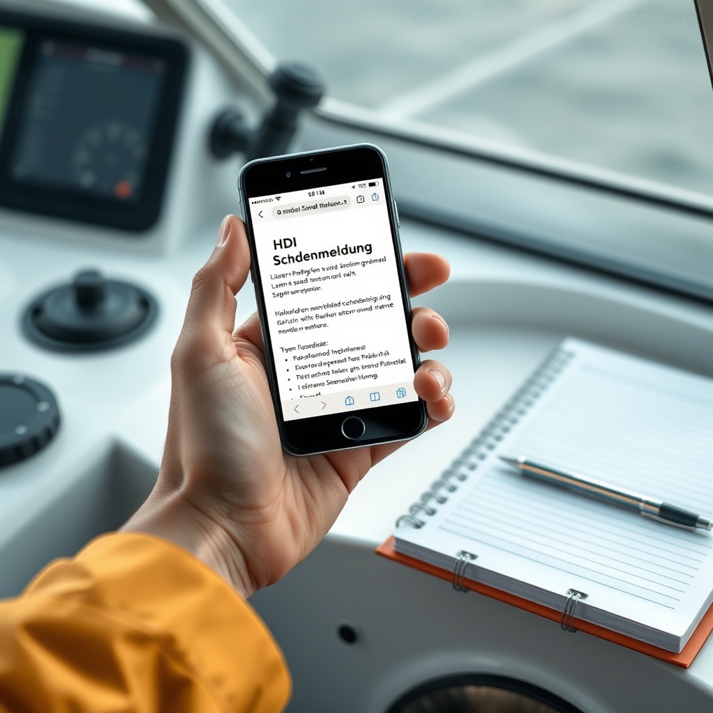 A realistic photo of a boat captain’s hand holding a smartphone at the helm