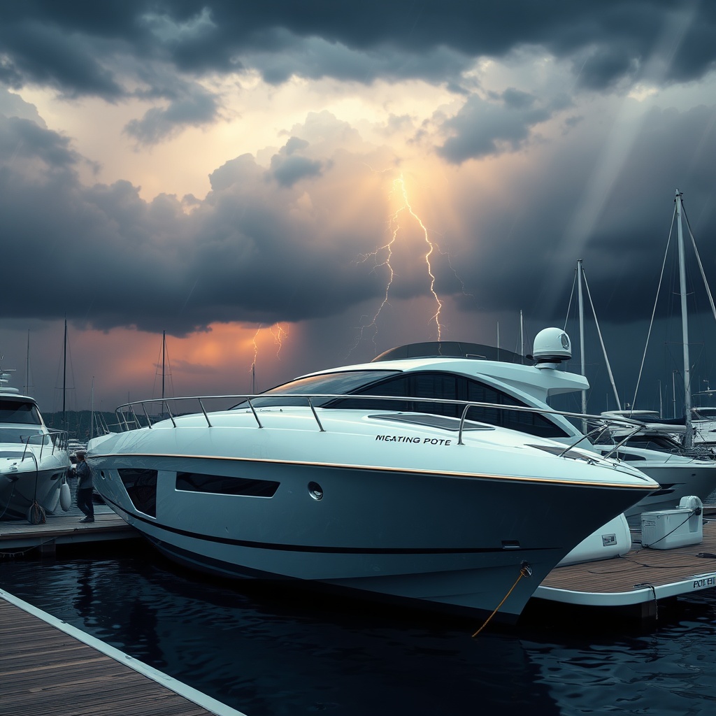 A photorealistic image of a modern motor yacht at a marina under a dramatic stormy sky