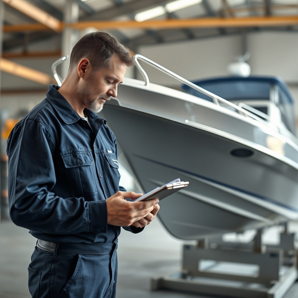 A photorealistic shot of a shipyard mechanic examining a small crack in a fiberglass hull
