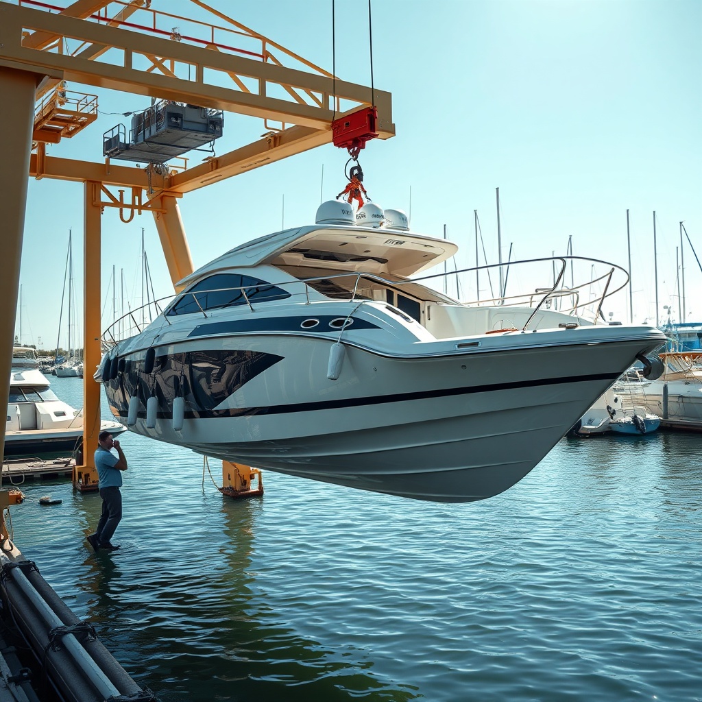 A photorealistic aerial photo of a motorboat being lifted out of the water by a crane at a