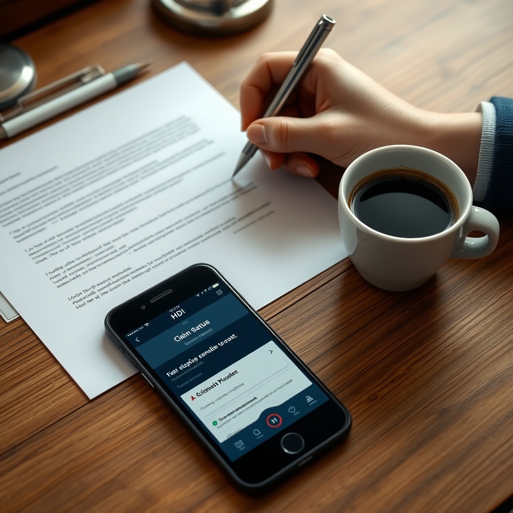 A photorealistic close-up of a hand writing a formal letter on a wooden desk with a mariti