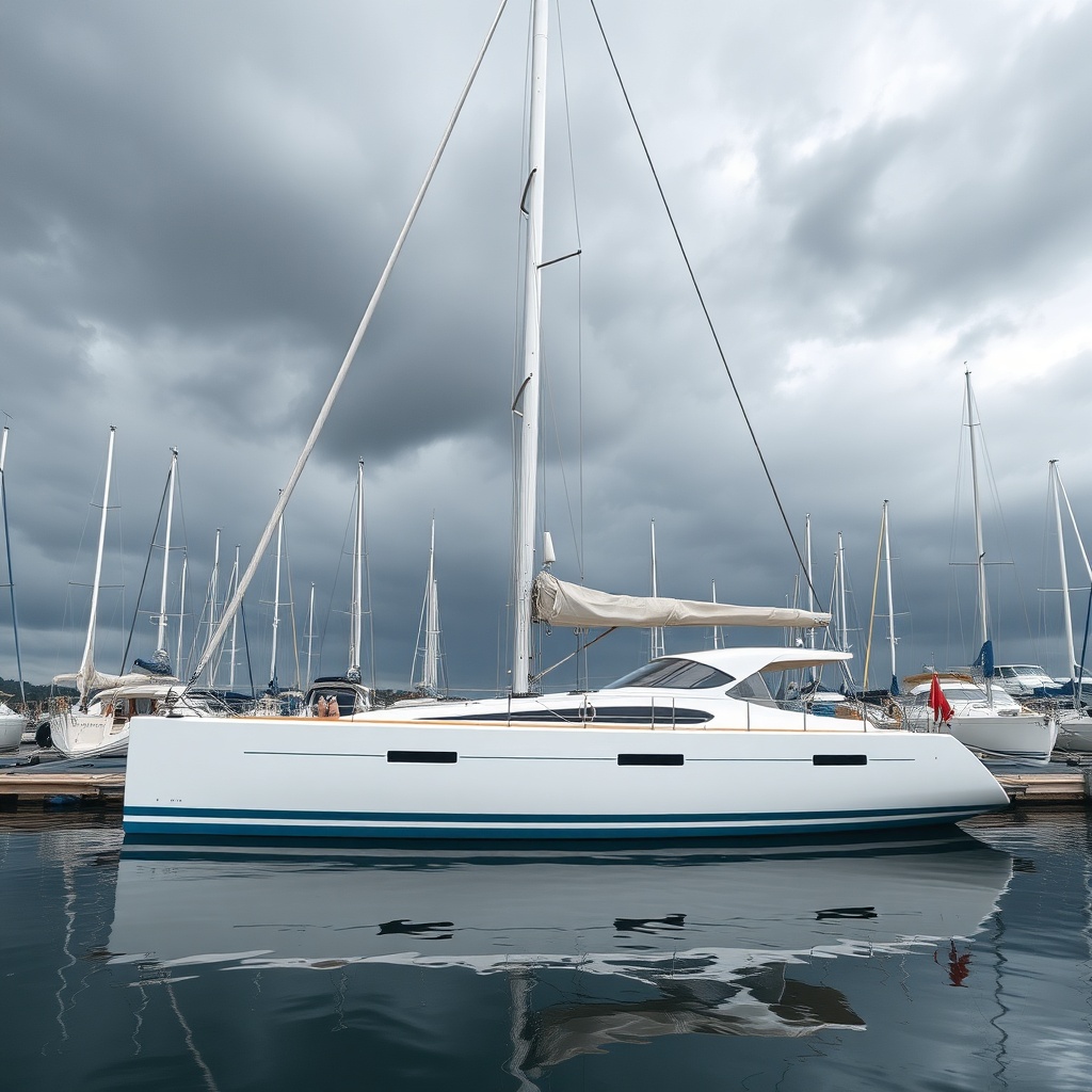 A photorealistic wide-angle view of a modern sailing yacht moored in a marina with clean w