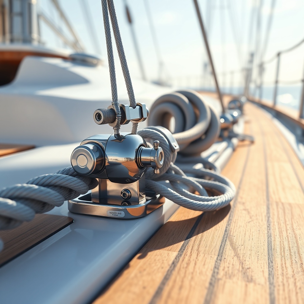 A close-up photorealistic illustration of a mainsheet traveler system with shiny stainless