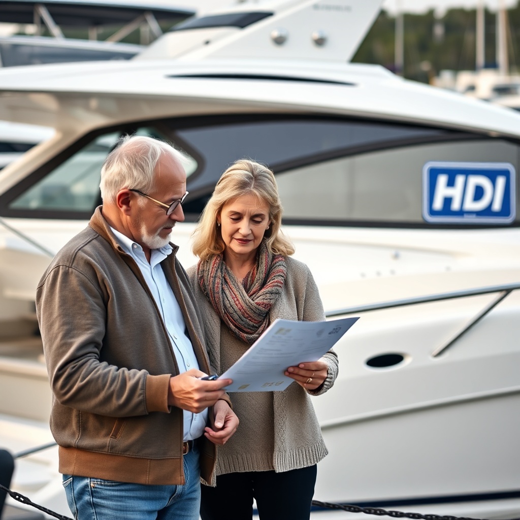 Realistic photo of a middle-aged couple standing next to a modern motorboat in a marina