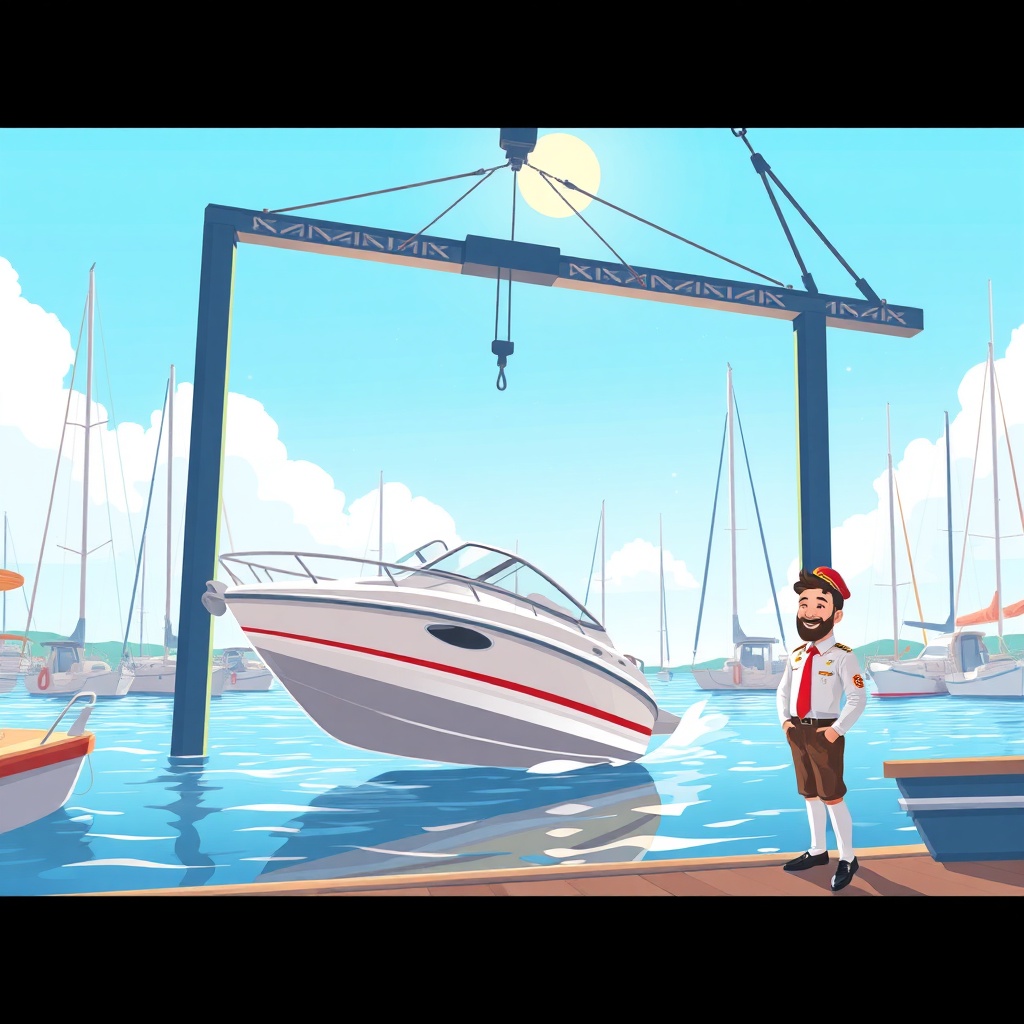 Realistic illustration of a sunlit marina scene with a small motorboat being lifted out of