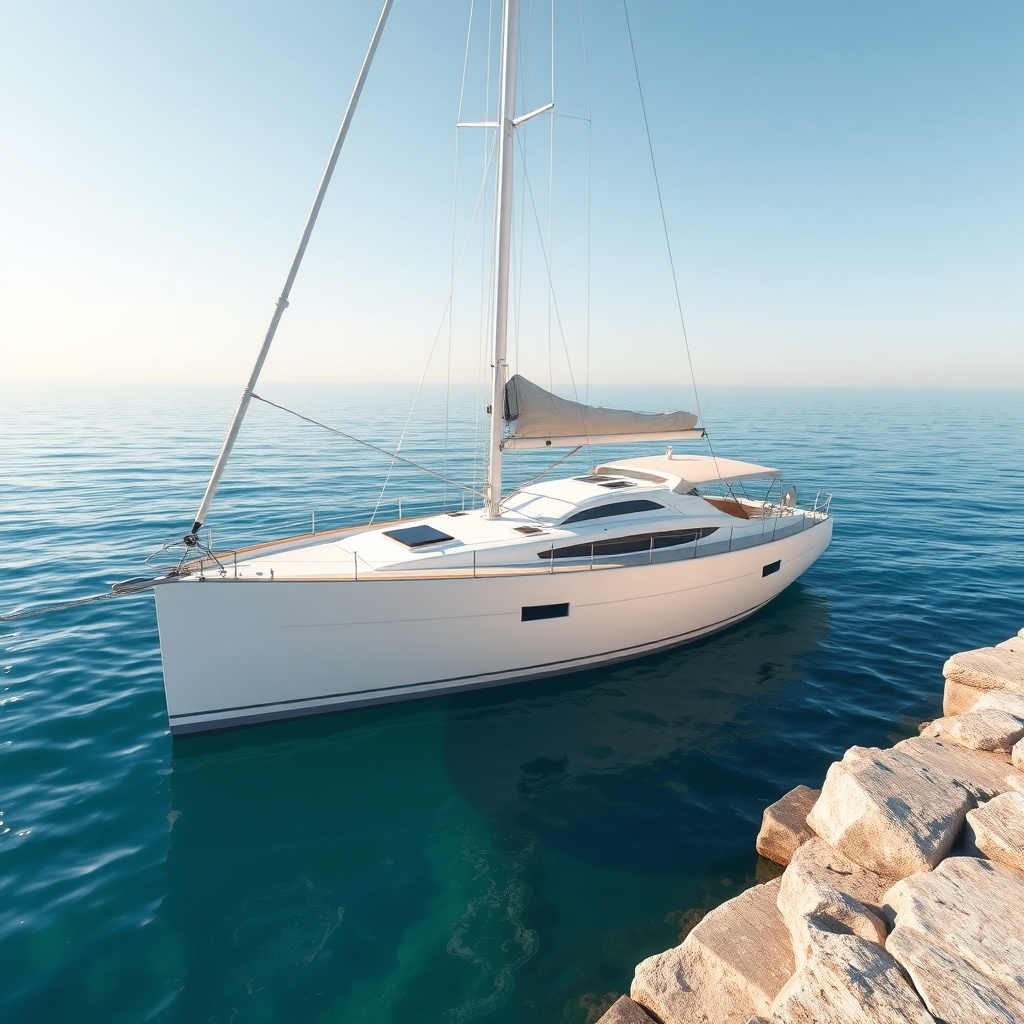 A photorealistic shot of a white sailing yacht anchored in calm blue Mediterranean water