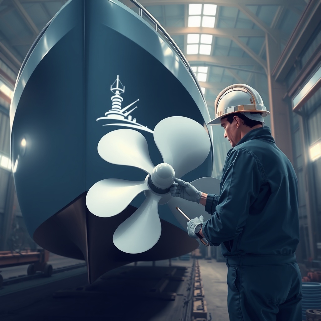A photorealistic illustration of a yacht in a dry dock with a repair technician examining