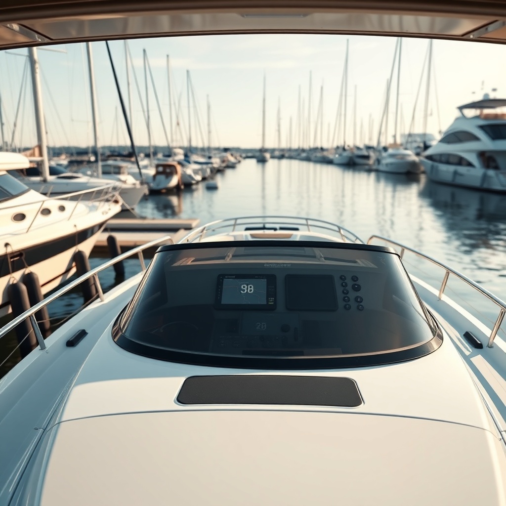 A clean photorealistic photo of a sleek motor yacht moored at a modern marina in bright da